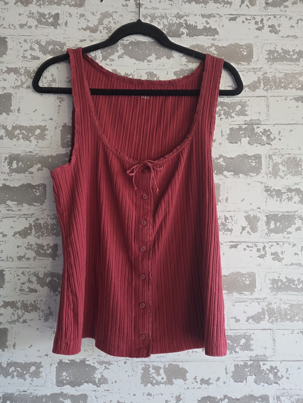 Aerie Red Ribbed Knit Henley Tank Top Large L